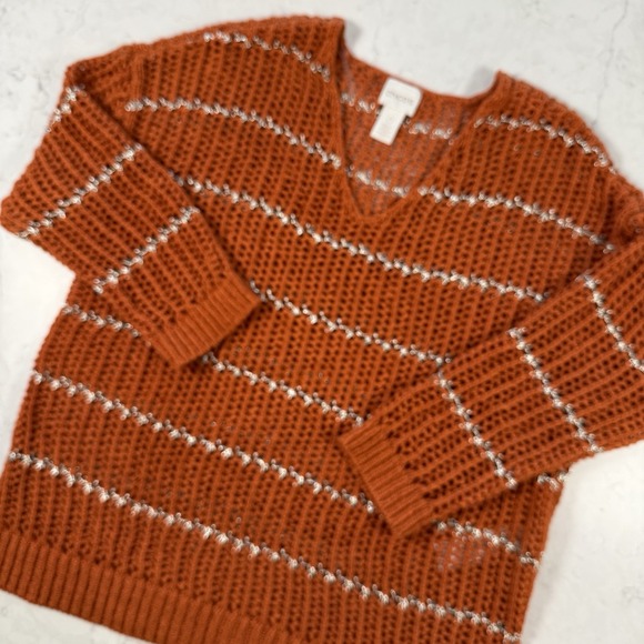 Chicos Women burnt orange silver striped open knit sweater size 0 pullover Small - Picture 1 of 12